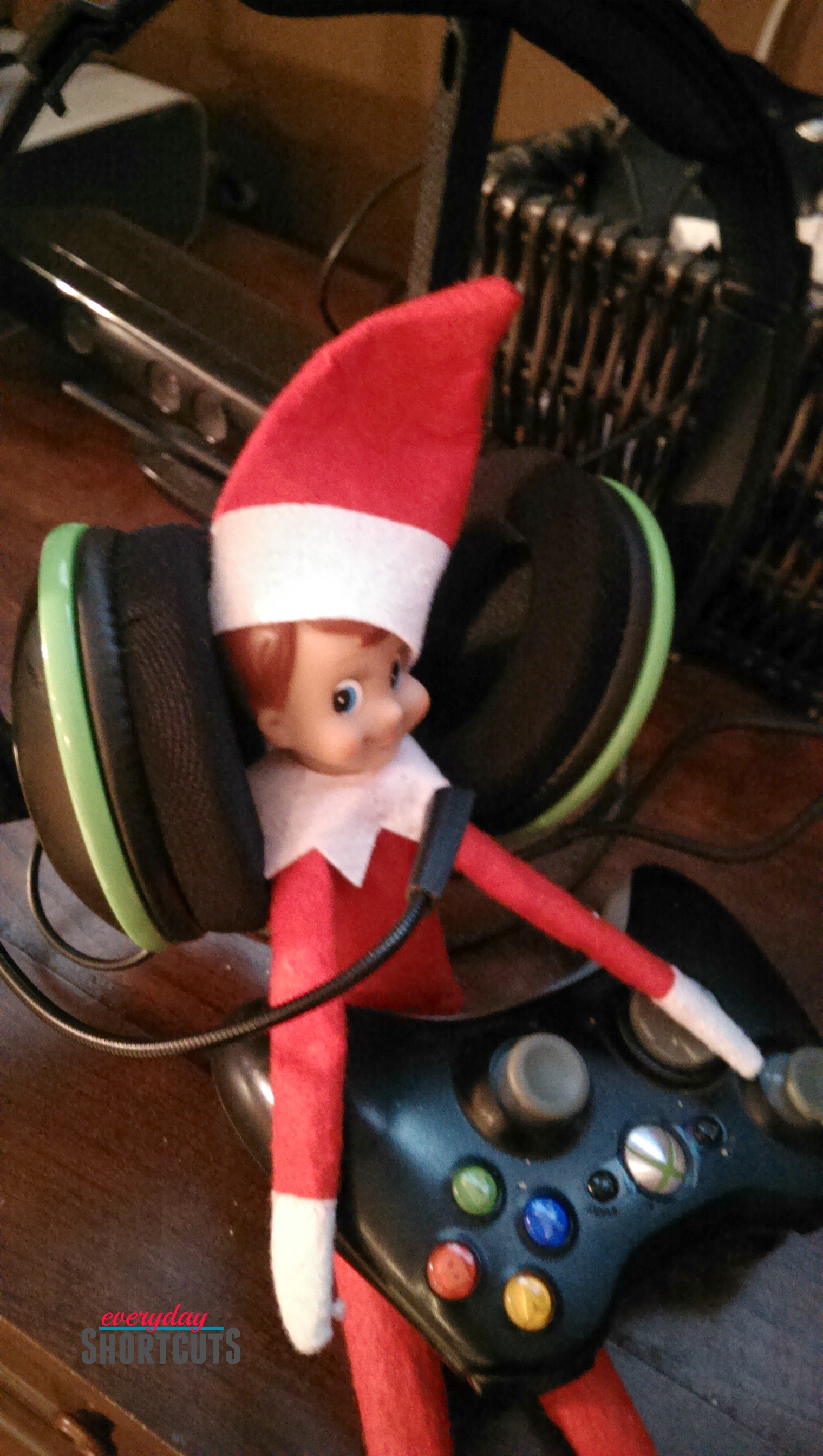 elf on the shelf with xbox controller and headphones