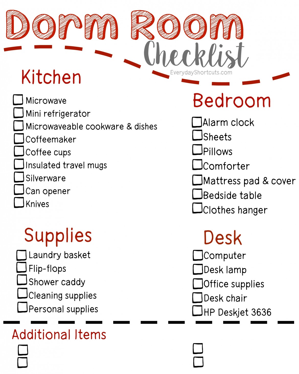 Dorm Room Checklist - Everyday Shortcuts