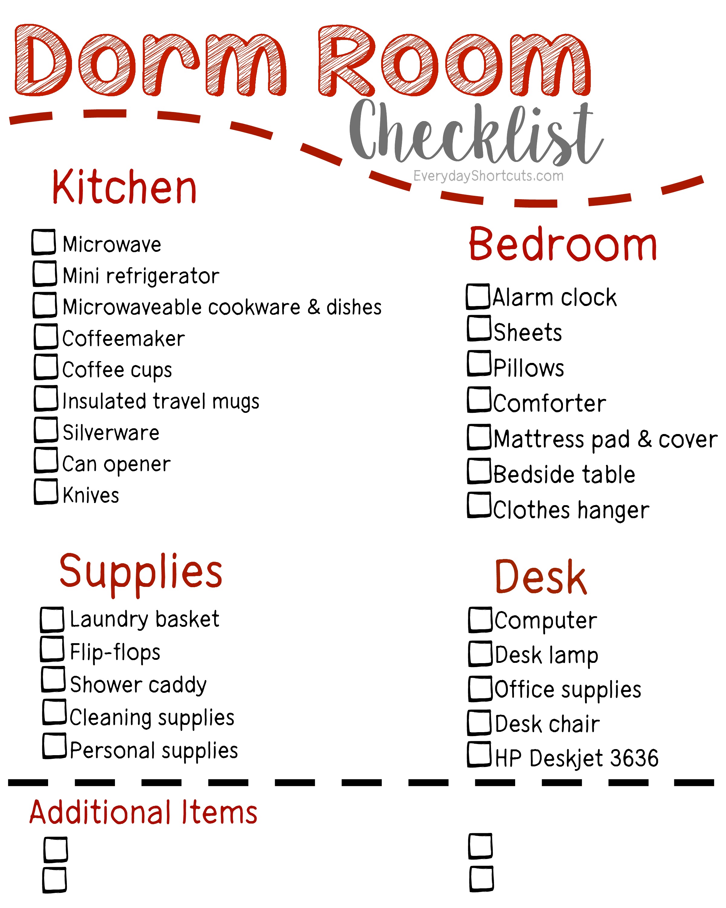 undergraduate college dorm room checklist