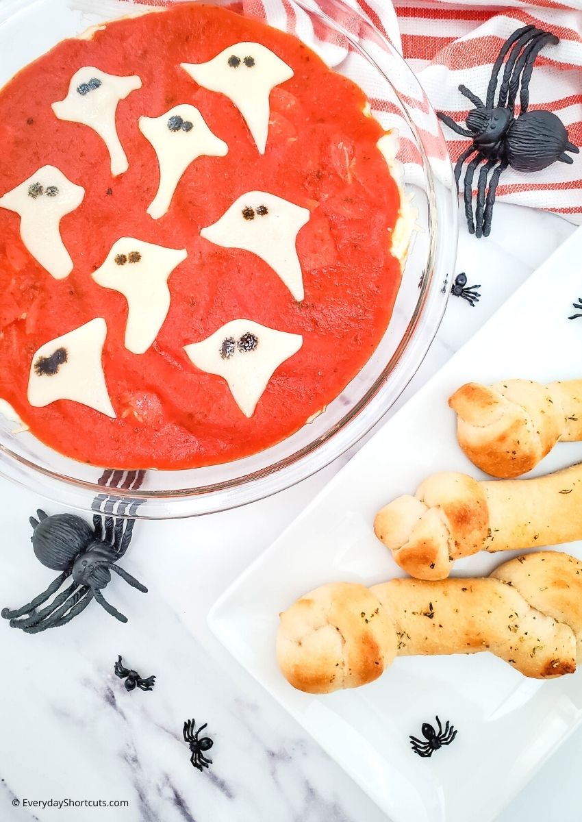 How to Make Bone Breadsticks and Ghost Pepperoni Pizza Dip
