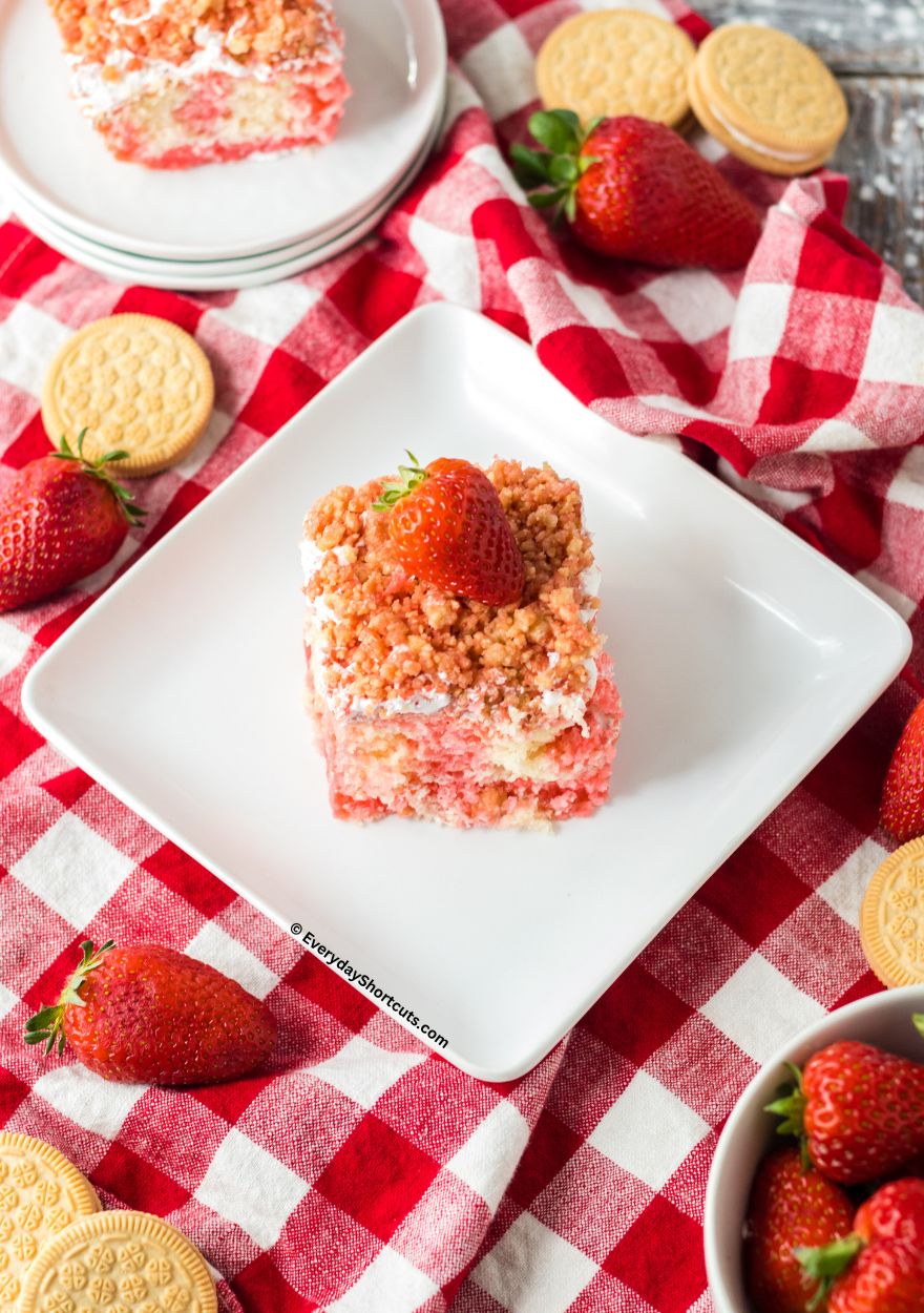top view of strawberry crunch poke cake