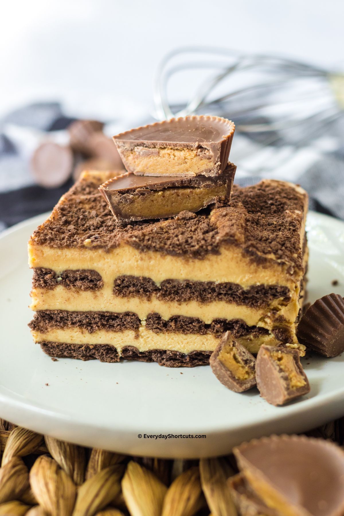 peanut butter icebox cake with reese's cups on top
