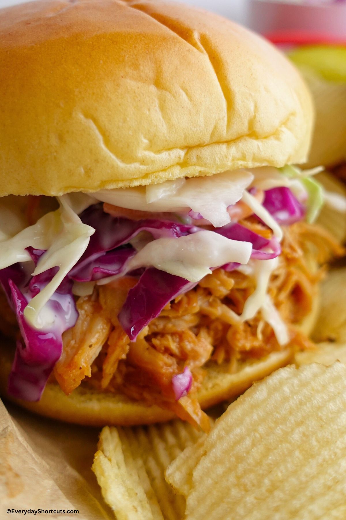 coleslaw and pulled chicken on a bun