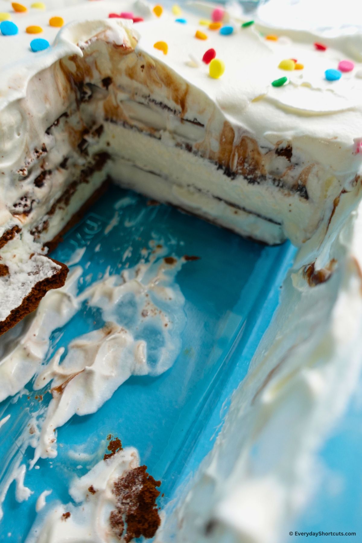 layers of ice cream sandwiches in a baking dish