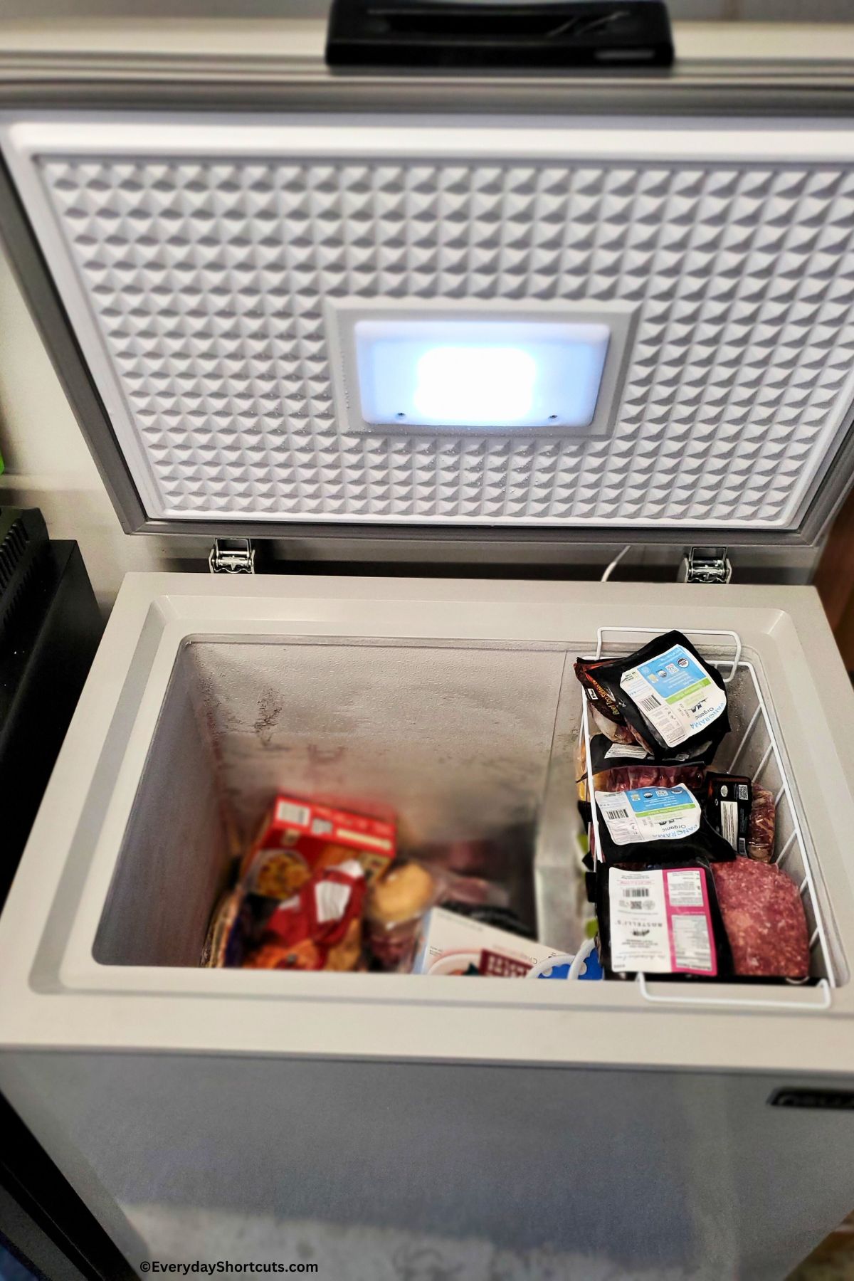 frozen foods in a chest freezer