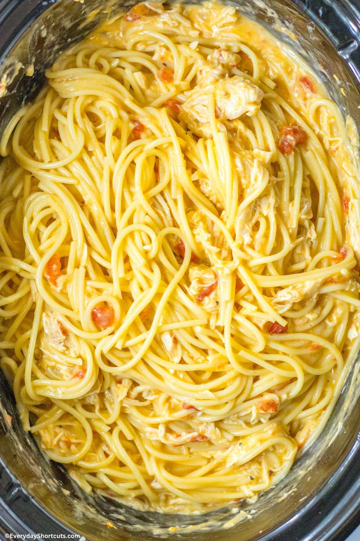 cooked chicken spaghetti in a crockpot