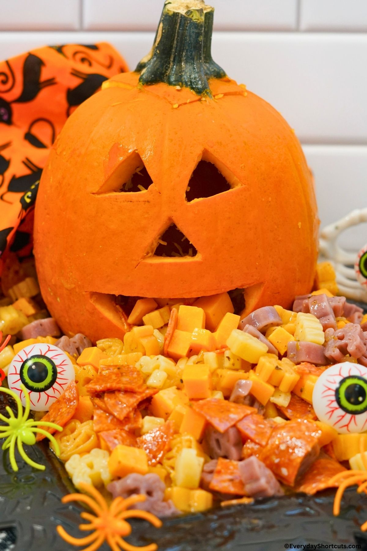 Halloween pumpkin vomiting pasta salad