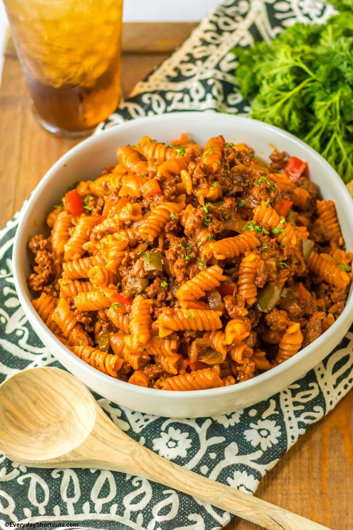 pasta with sloppy joe in a bowl