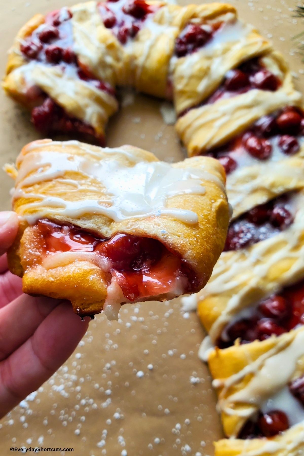 slice of crescent roll with cherry pie filling