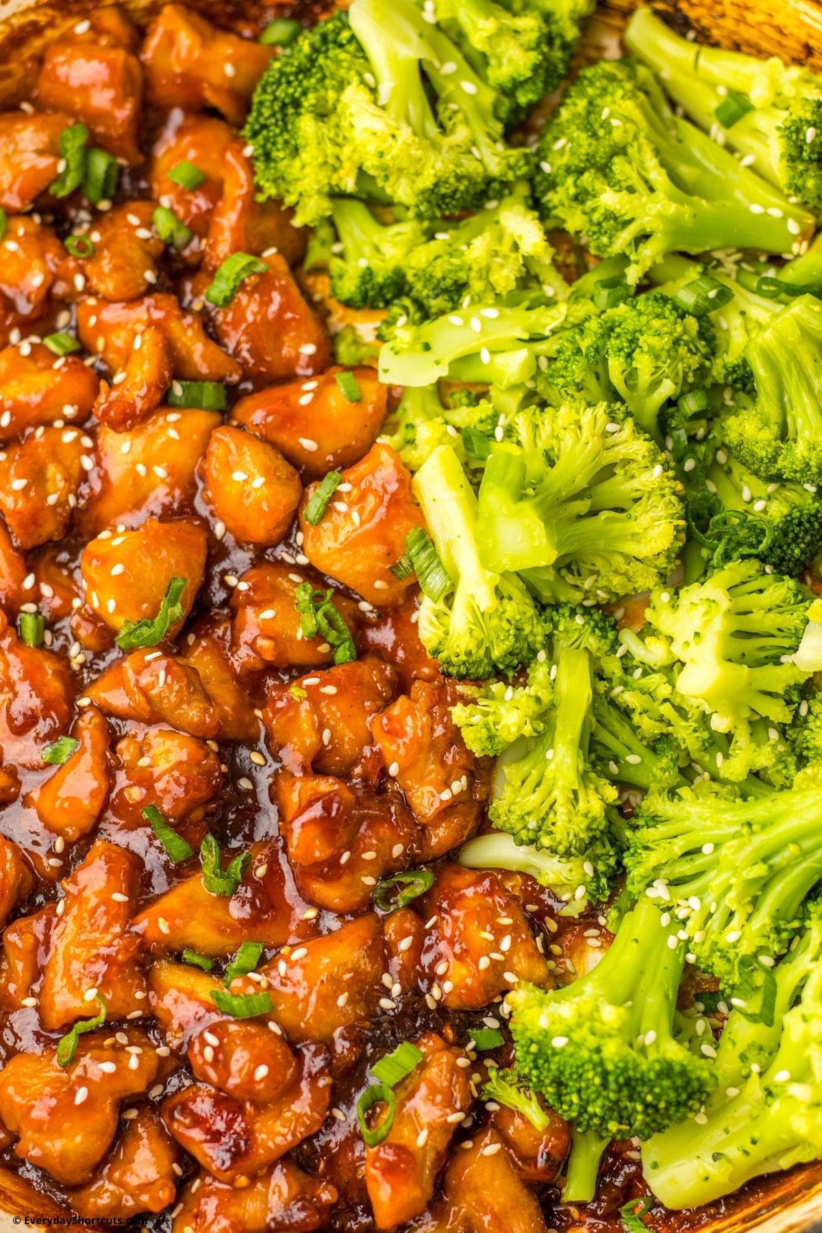 sticky glazed chicken and broccoli in a pan