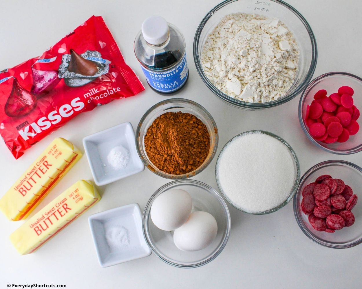 ingredients for Valentine chocolate kiss cookies
