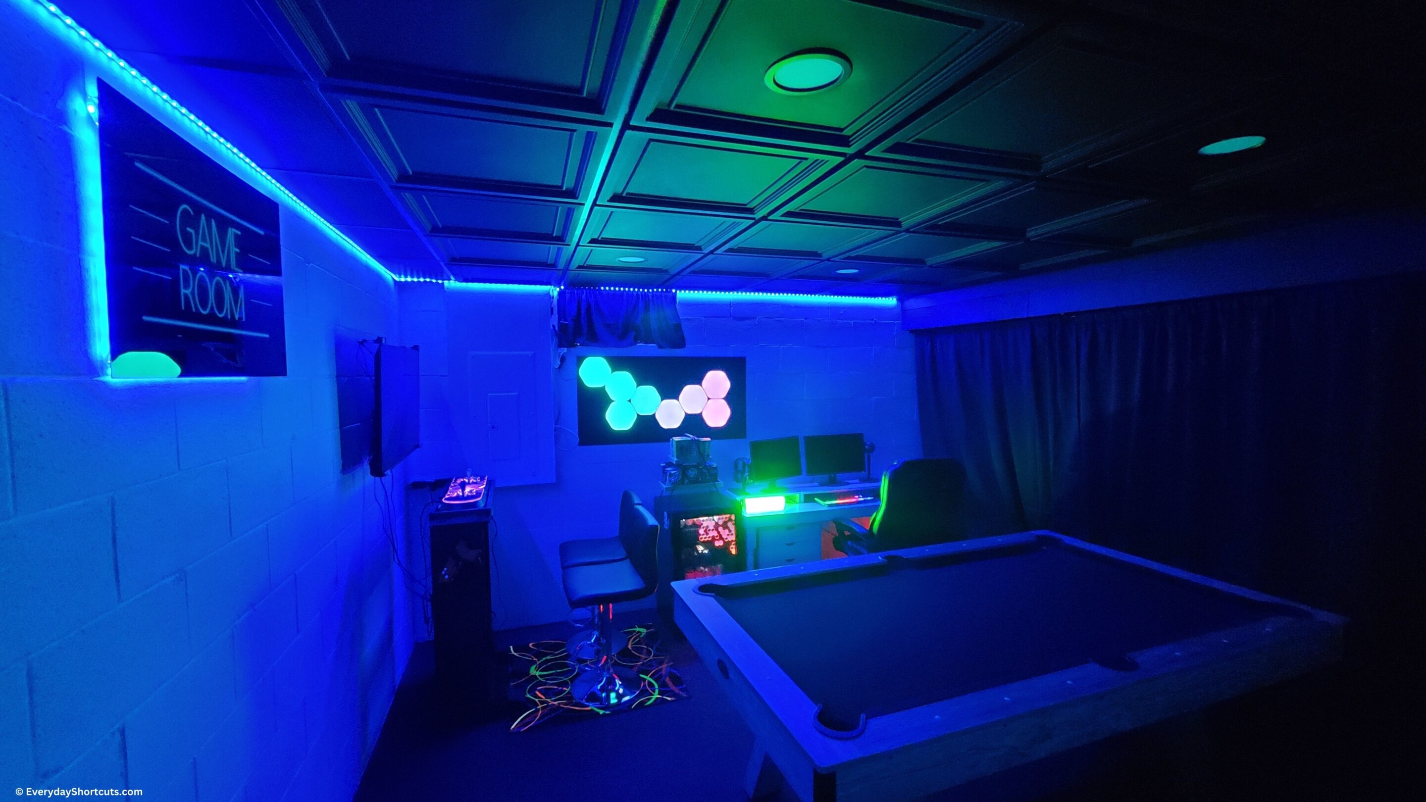 basement game room with led lights