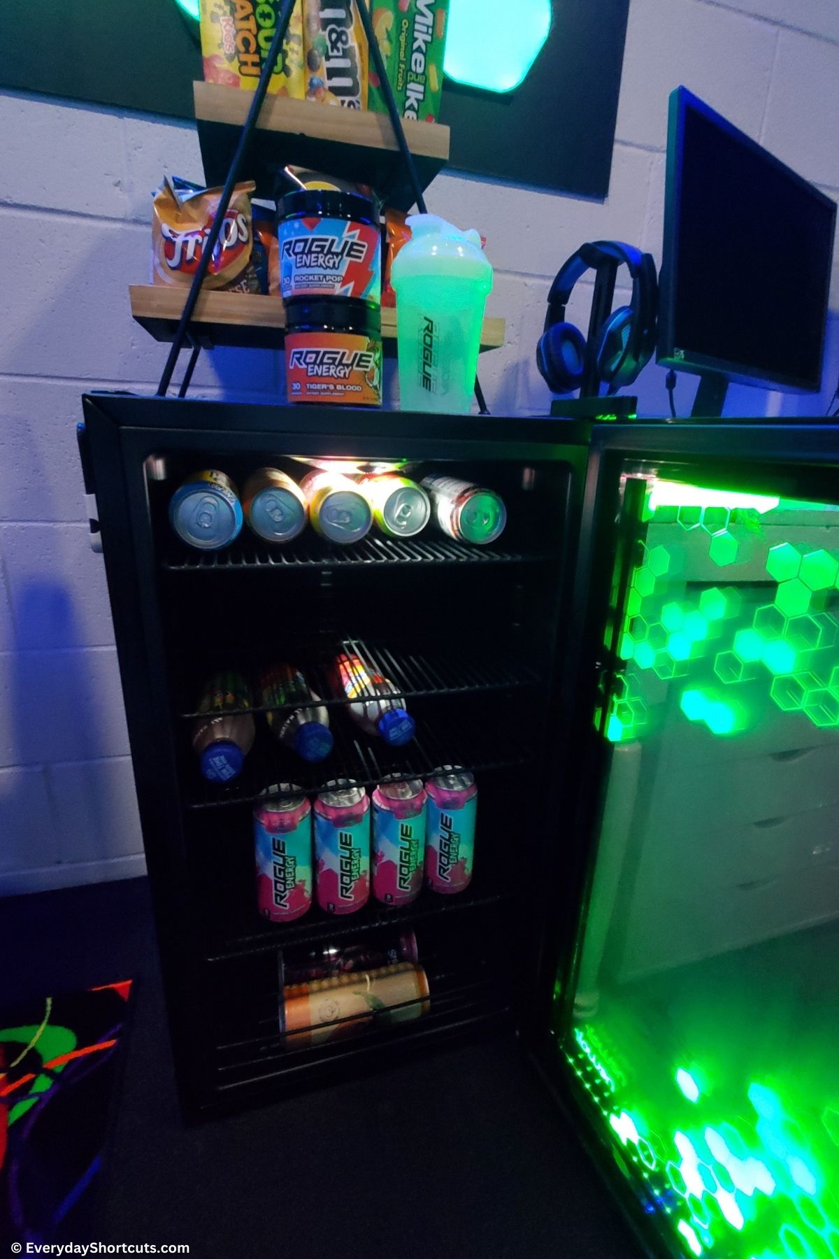 Newair LED gaming fridge in basement game room
