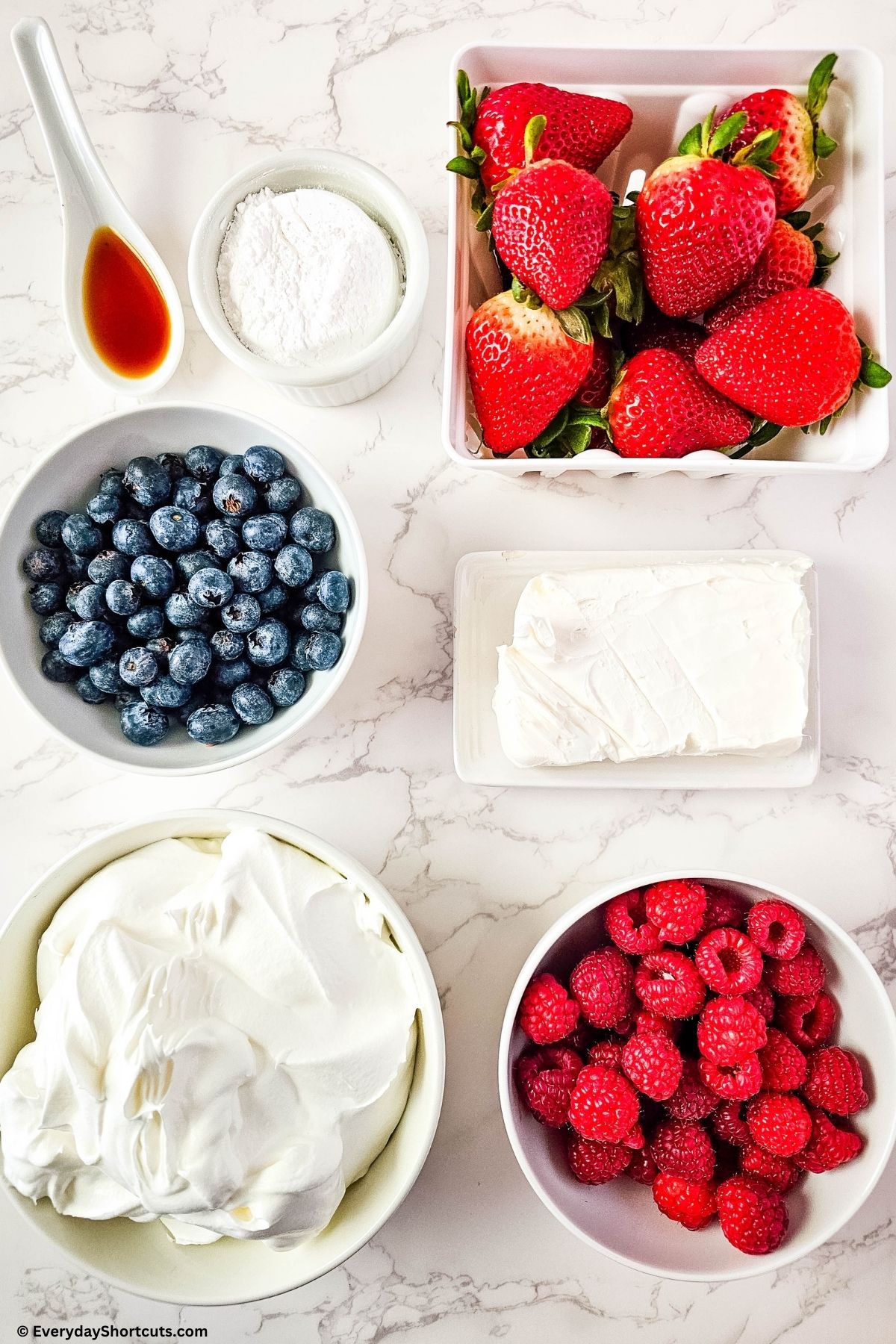 ingredients for red white and blue cheesecake salad