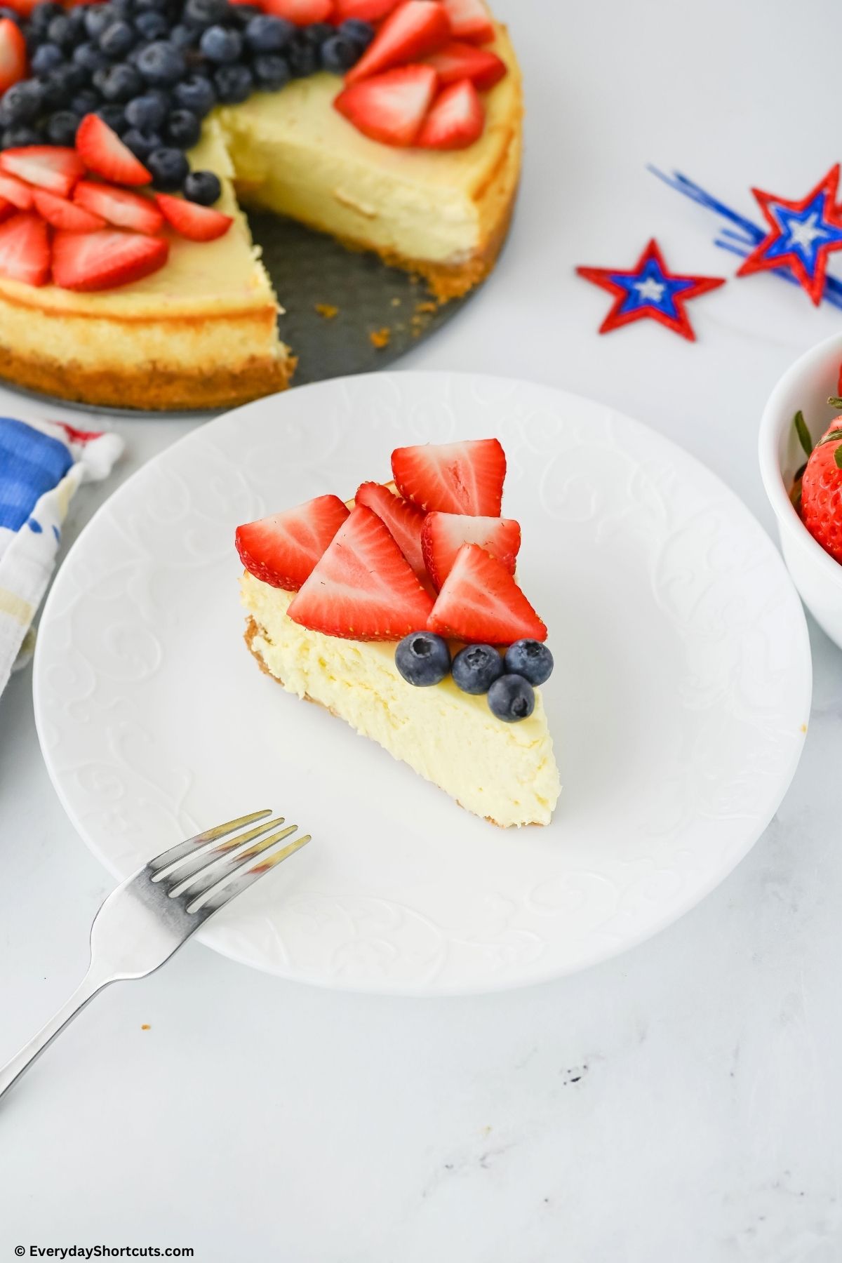 slice of 4th of July cheesecake on a plate