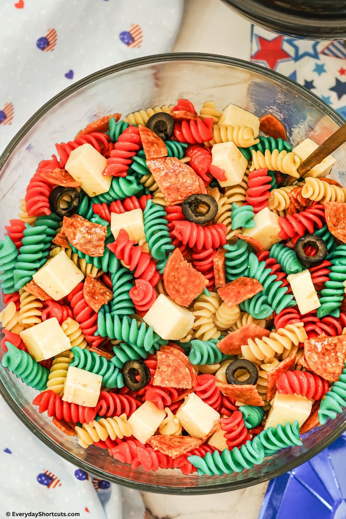 red white and blue pasta salad in a bowl