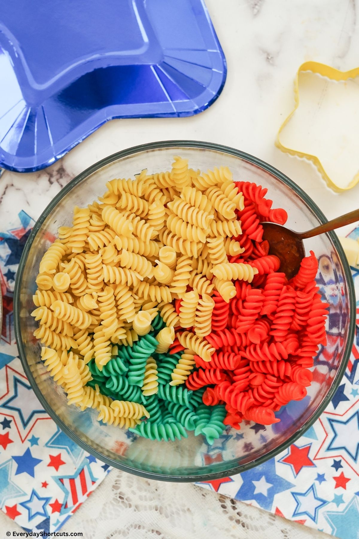 tri-color pasta in a bowl