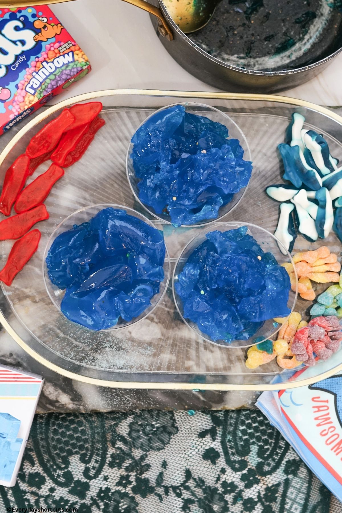 blue gelatin on top of nerds candy in cups