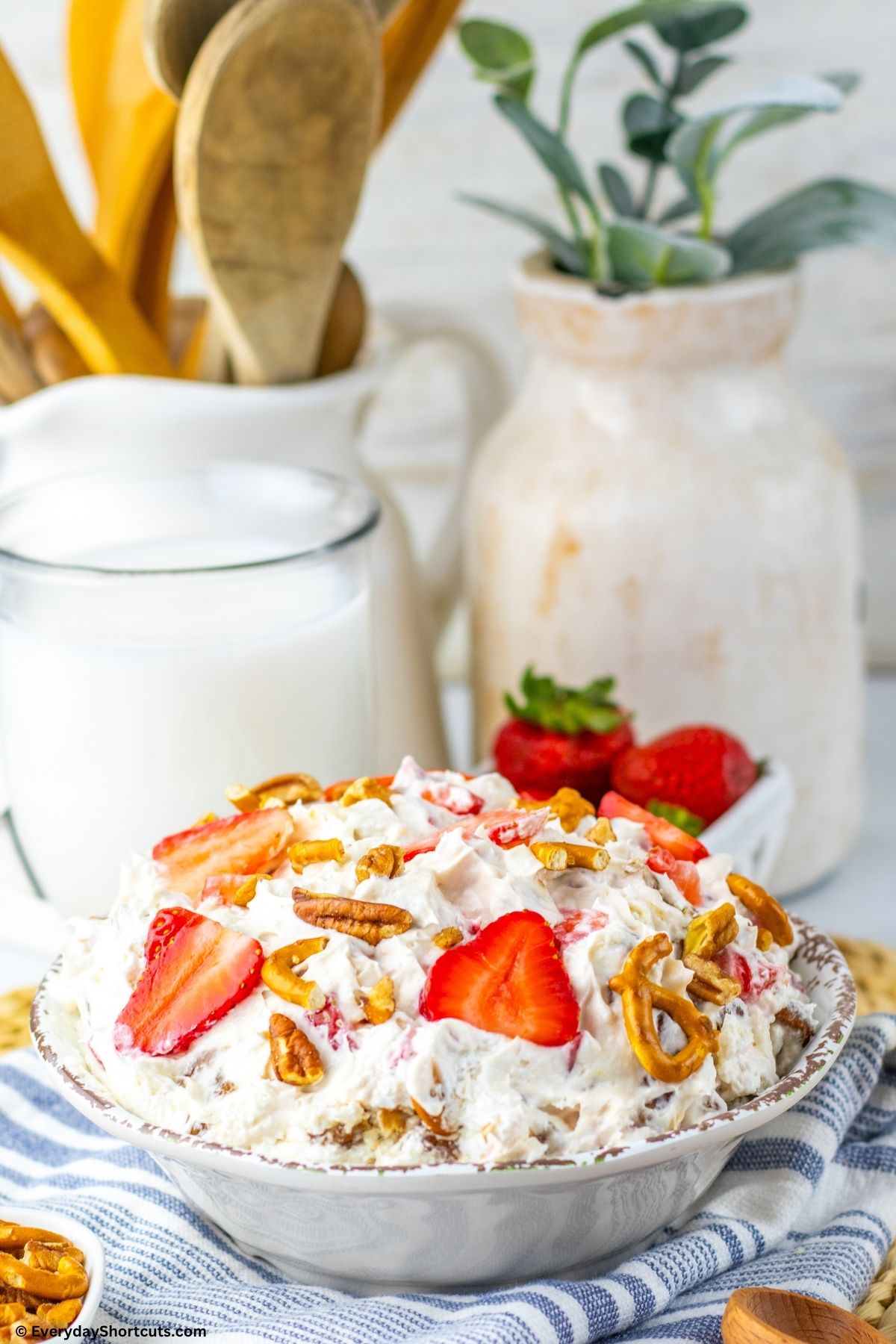 Strawberry pretzel salad fluff in a bowl