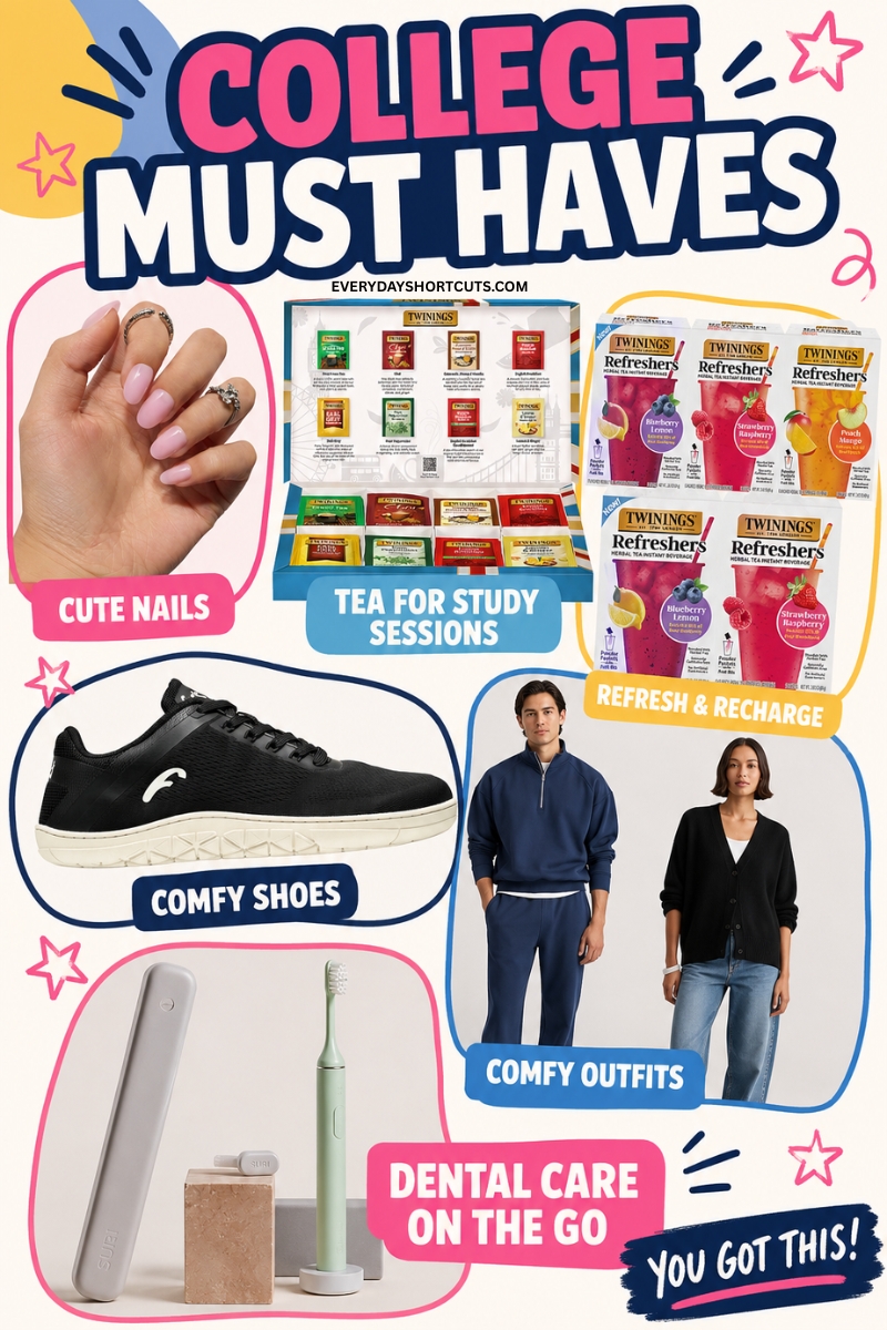 College Must Haves collage of clothes, shoes and hygiene items