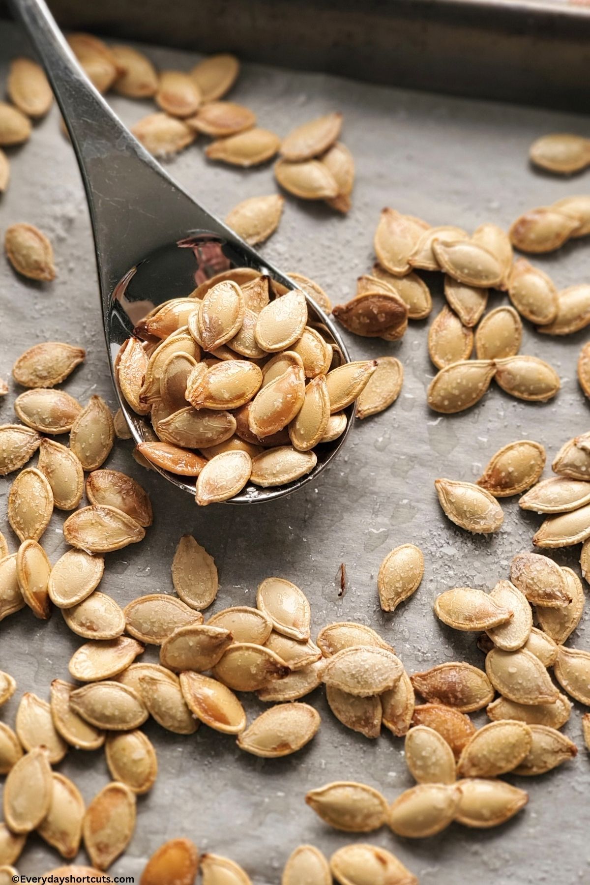 baked pumpkin seeds on a spoon