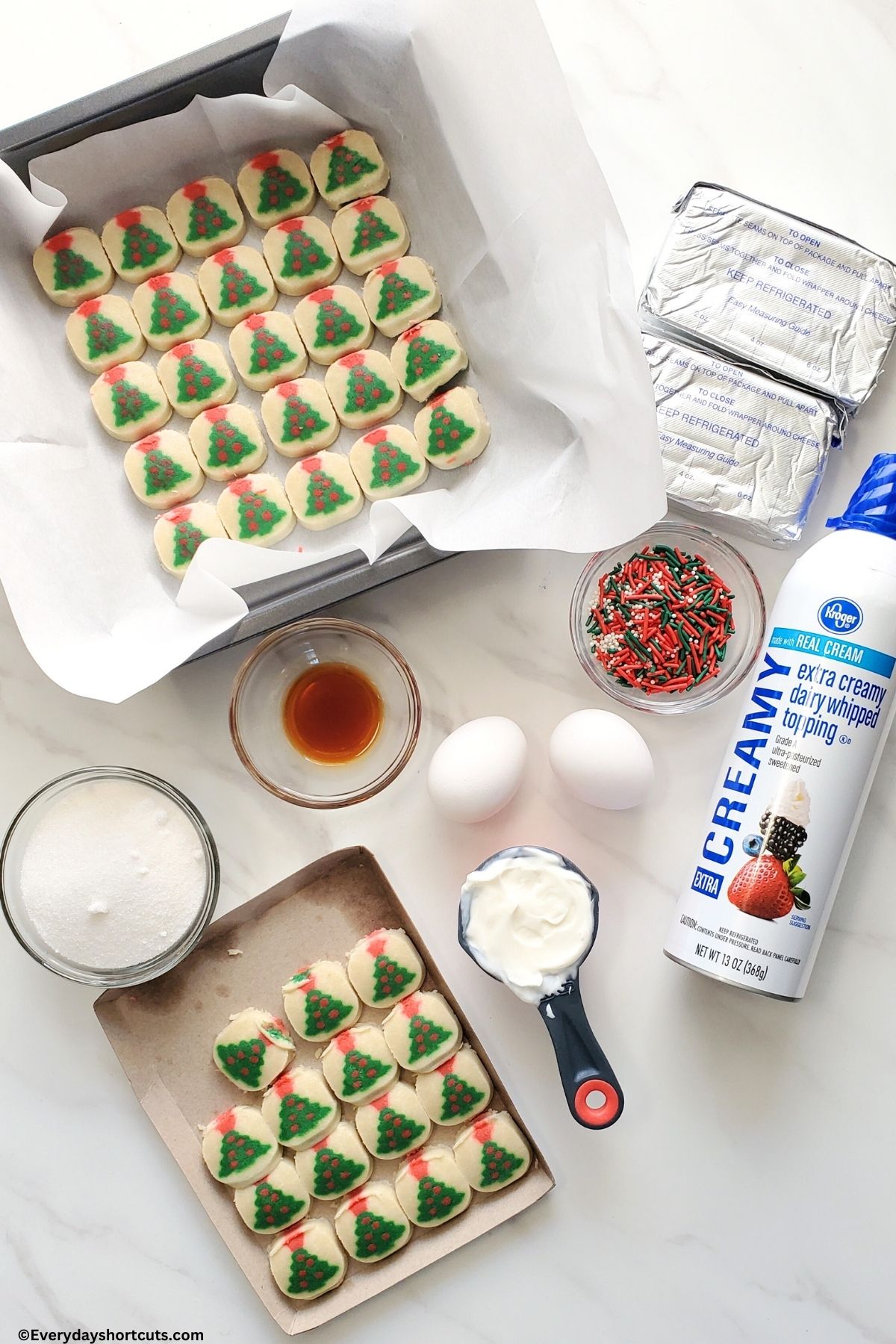 ingredients for Christmas Tree Sugar Cookie Cheesecake Bars