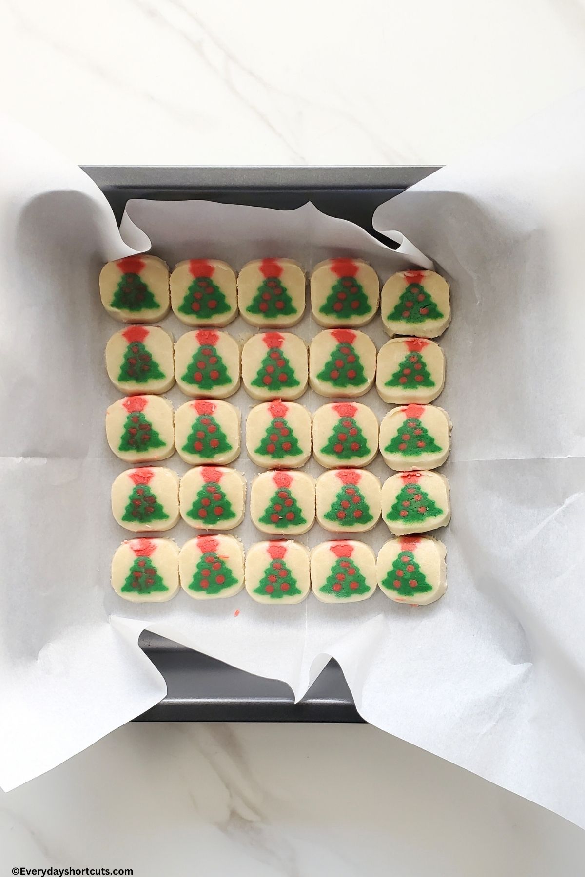 Christmas Tree Sugar Cookies in a pan