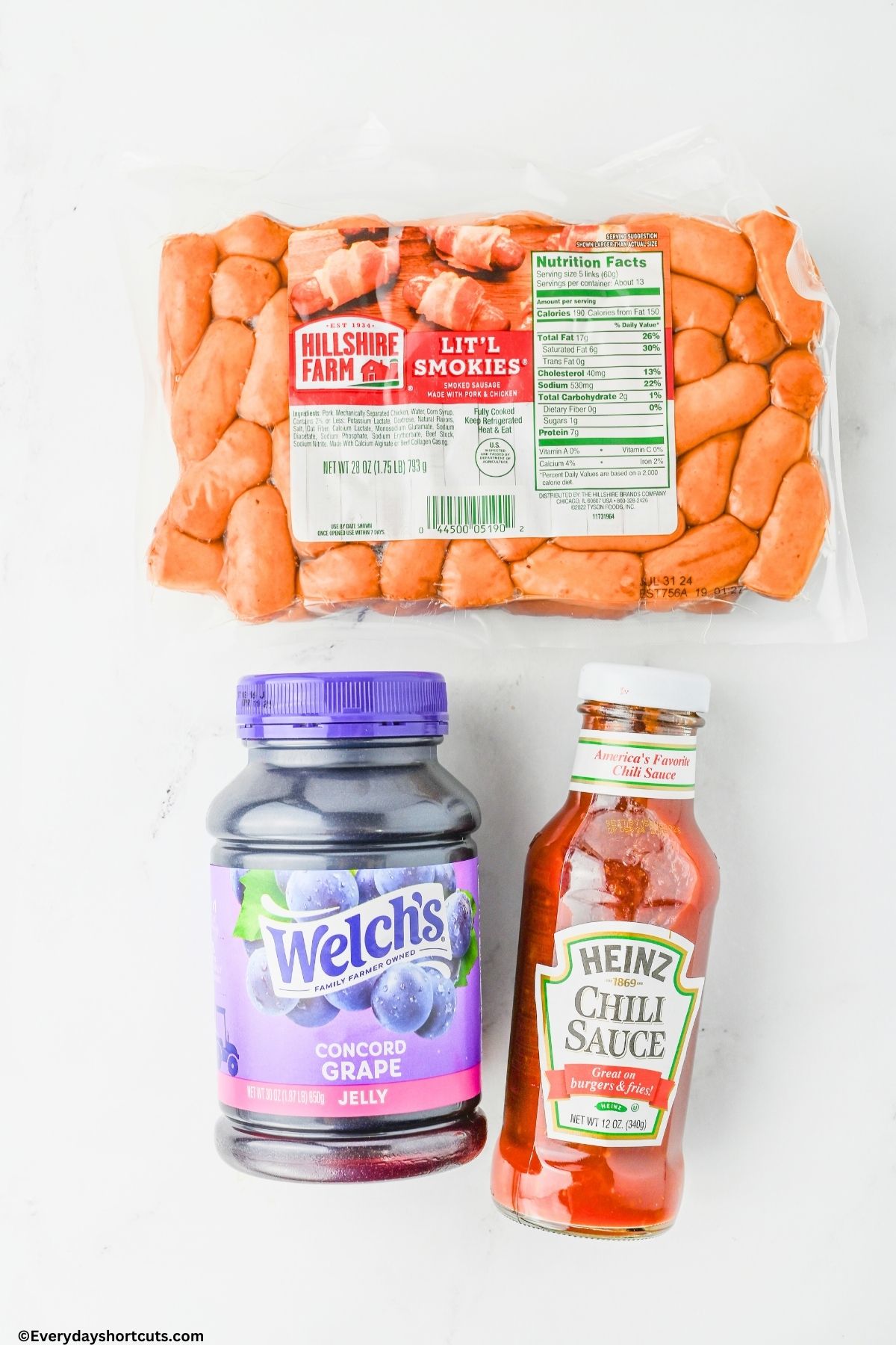 ingredients for lit'l smokies grape jelly chili sauce and smokies