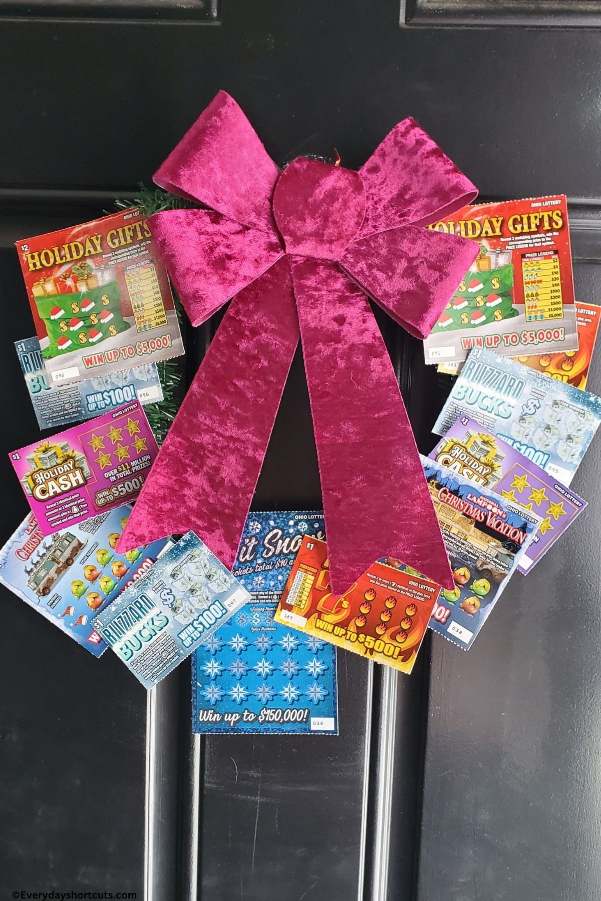 Lottery Ticket Wreath hanging on a door