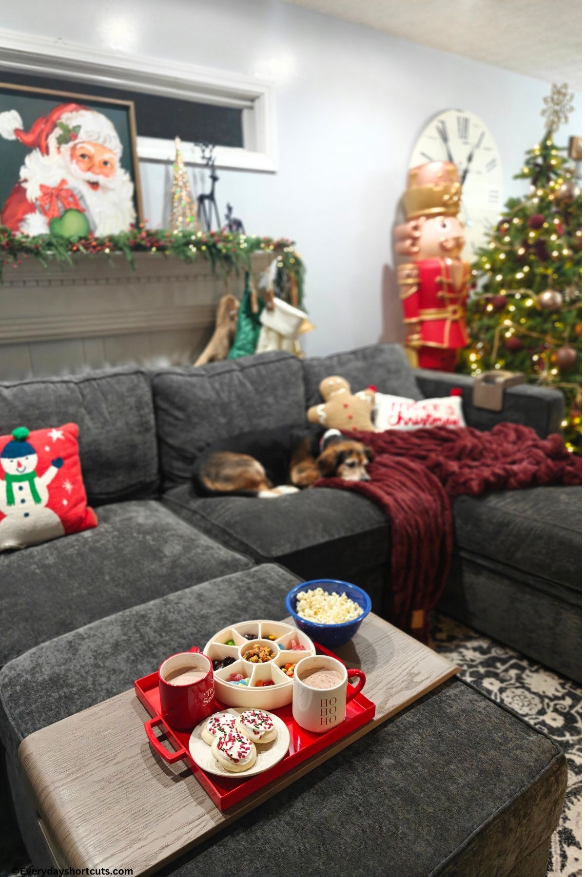 movie night snack tray on Lovesac couch