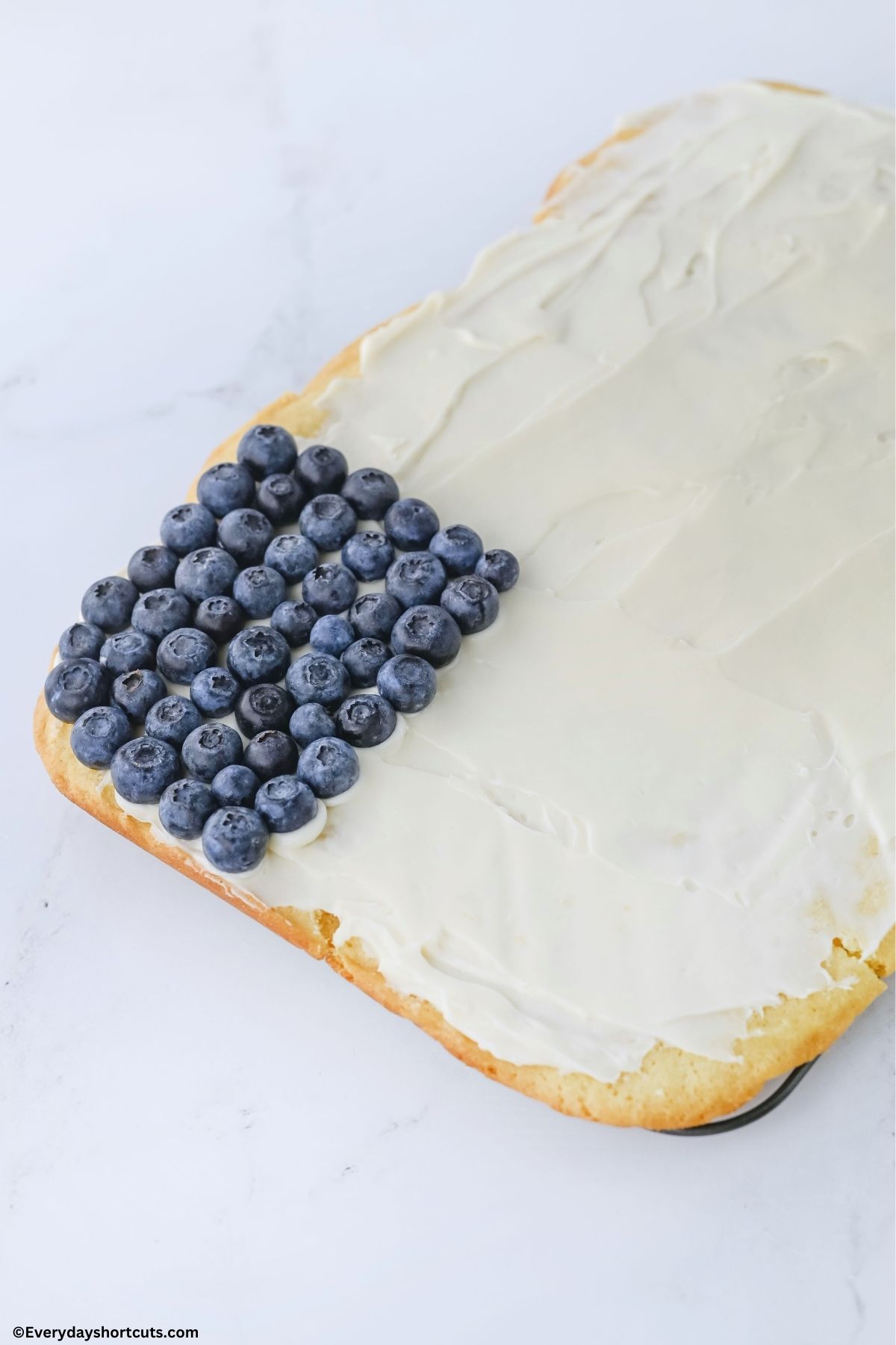 blueberries aligned in a square on a sugar cookie