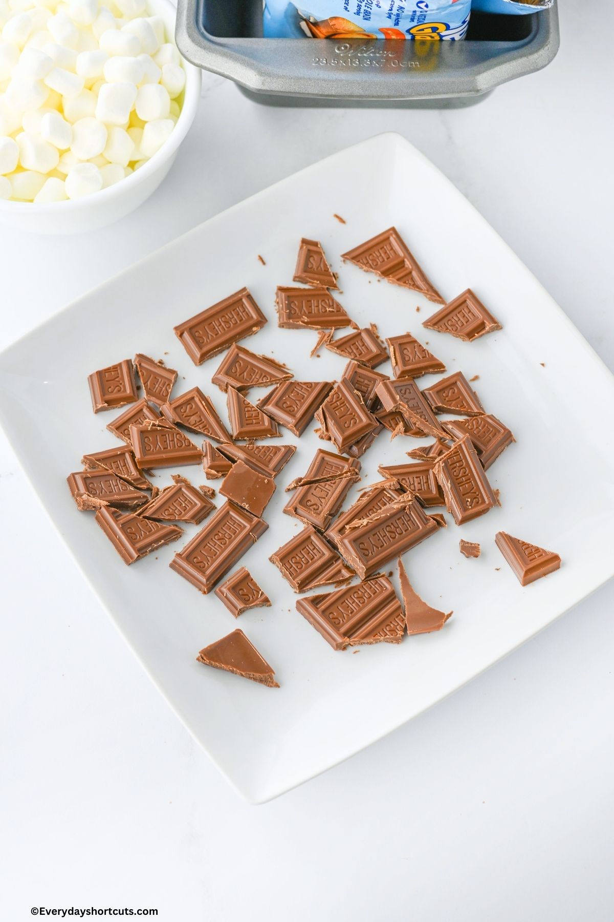 broken Hershey Chocolates on a white plate