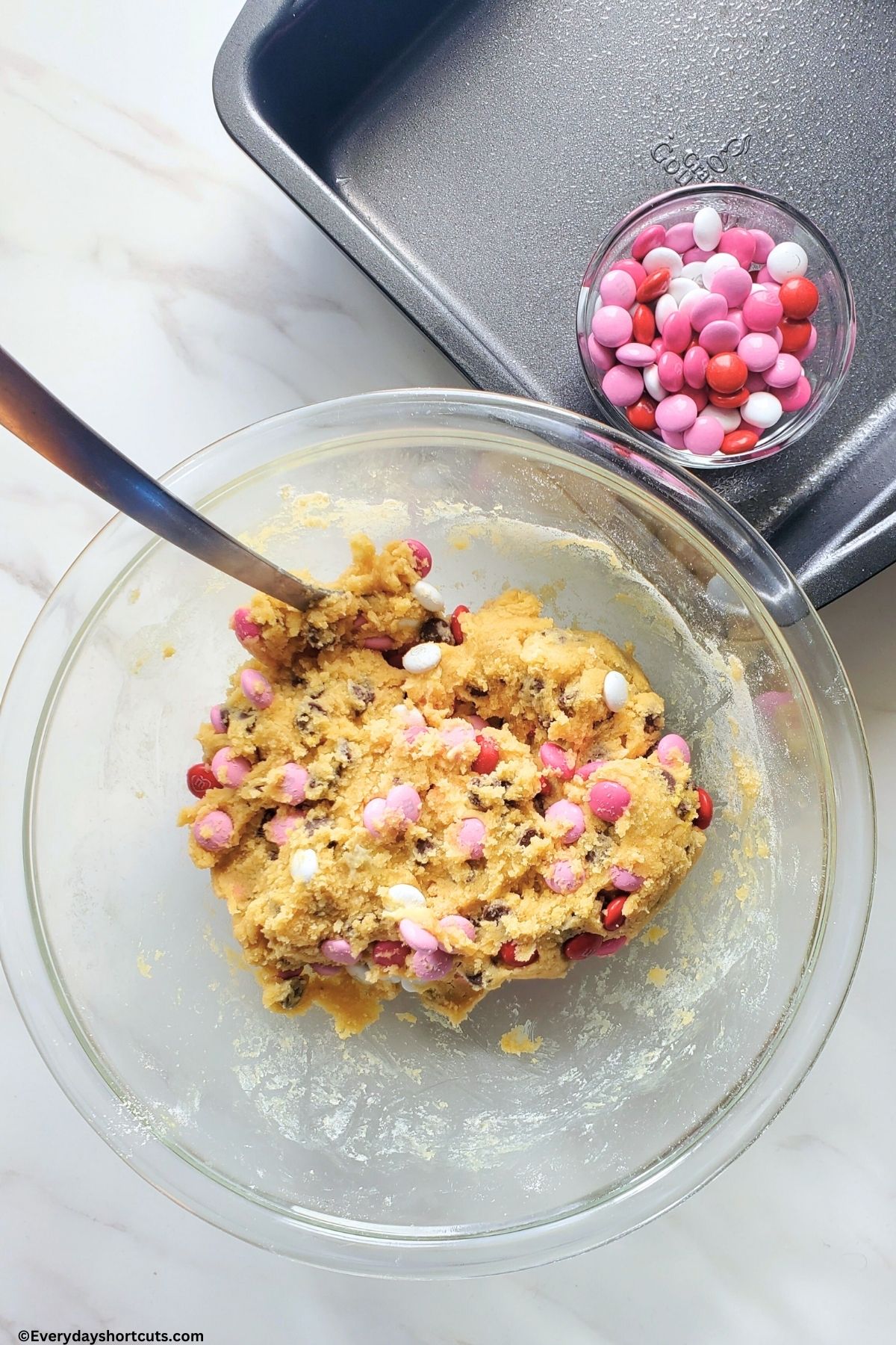 cookie dough with M&Ms in a bowl