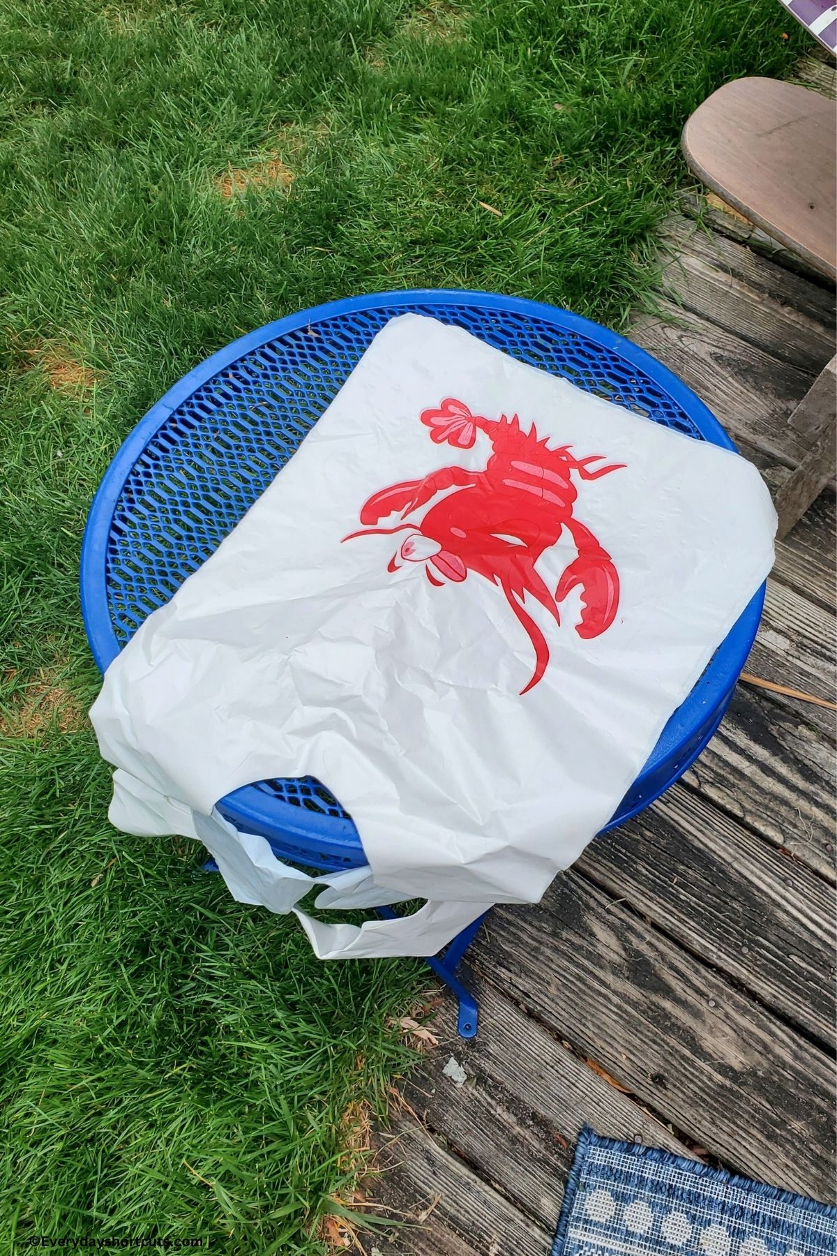 disposable plastic crab bibs on a blue outdoor table