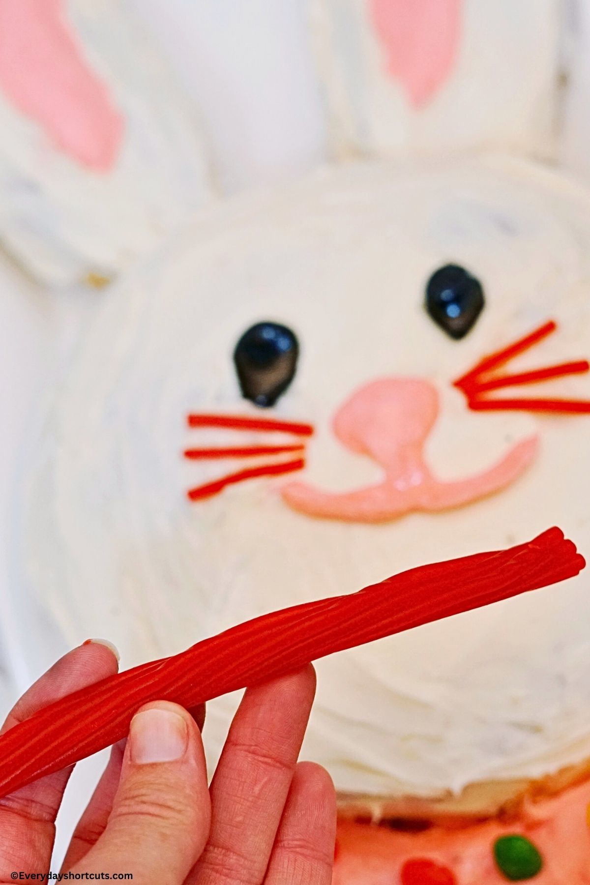 pull apart one or two Twizzlers, cut into thirds and add three whiskers to each side of the nose