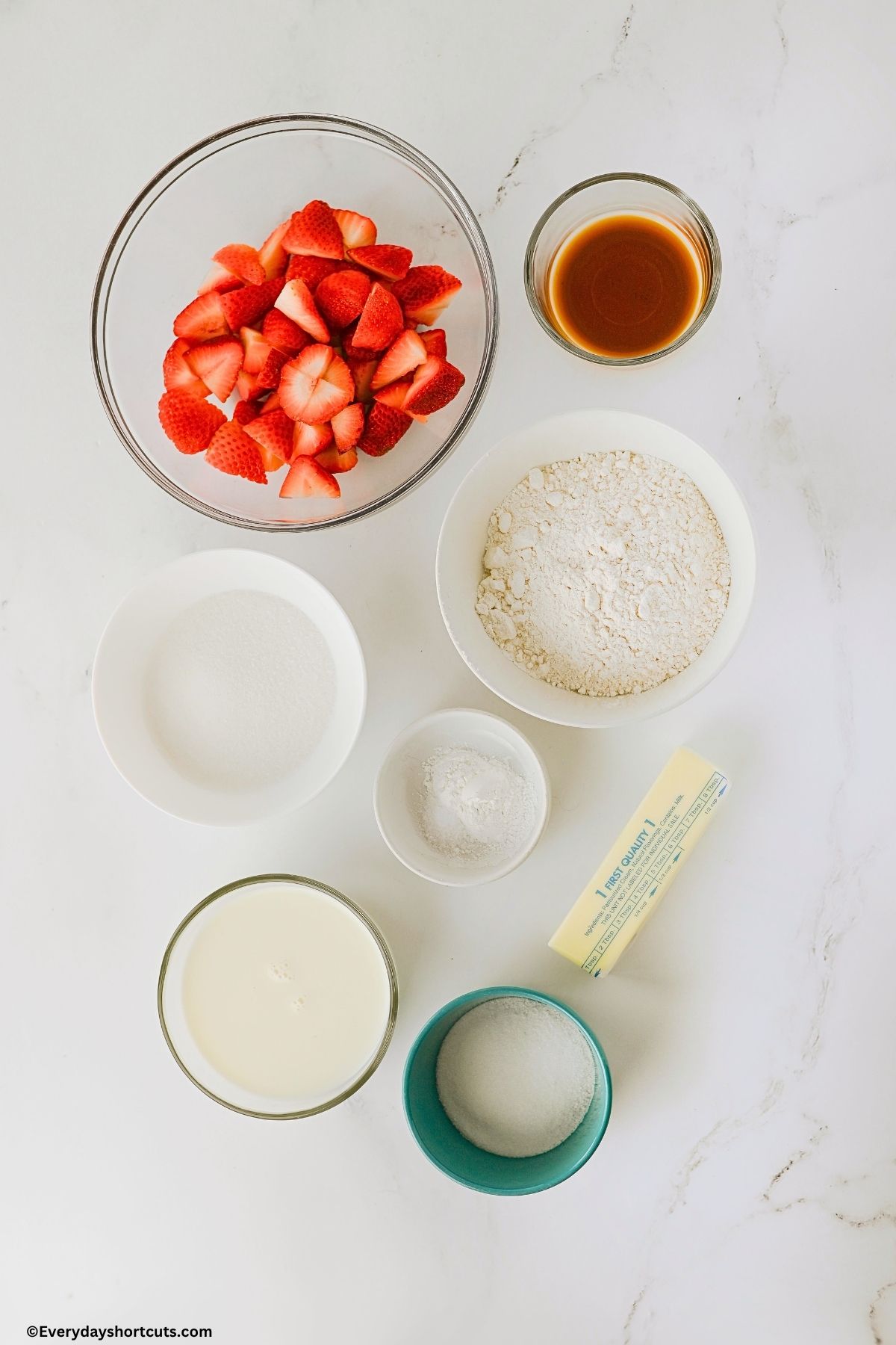 ingredients shown: Butter, Strawberries, Granulated sugar, Flour, Baking powder, salt, milk, and vanilla extract