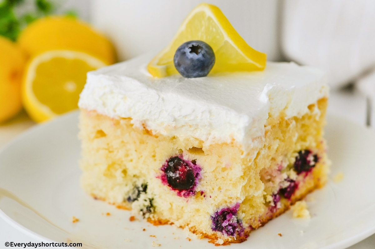 lemon blueberry cake slice on a white plate