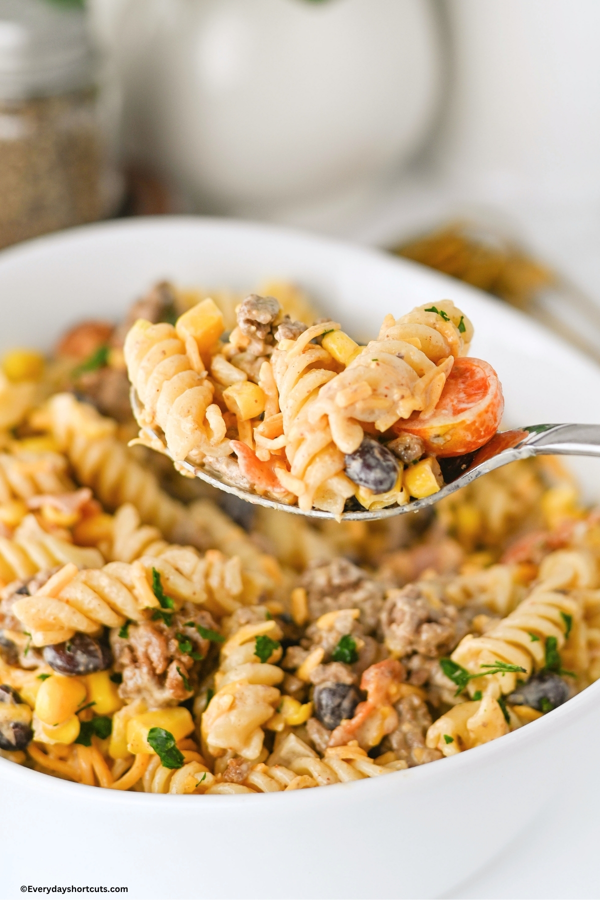 cowboy pasta salad on a spoon