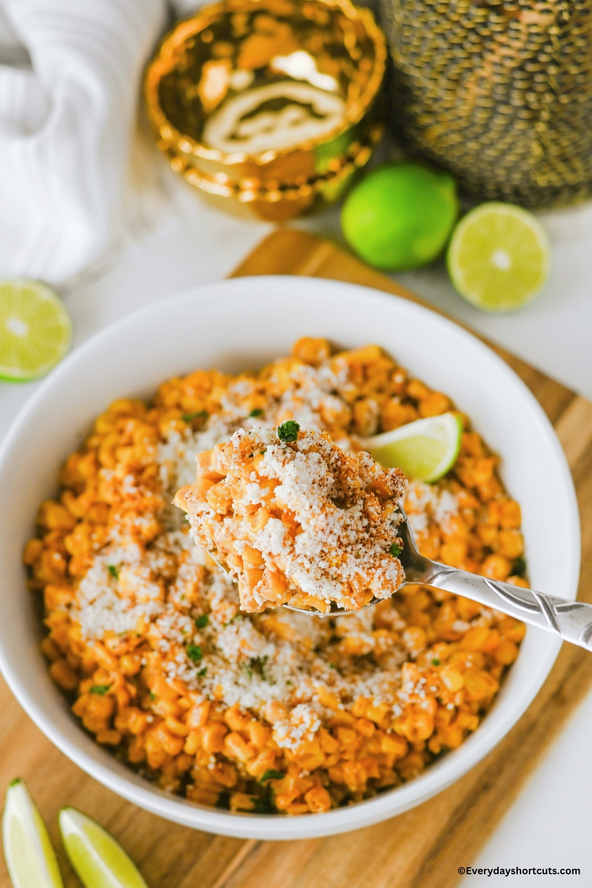 up close shot of Mexican street corn on a spoon
