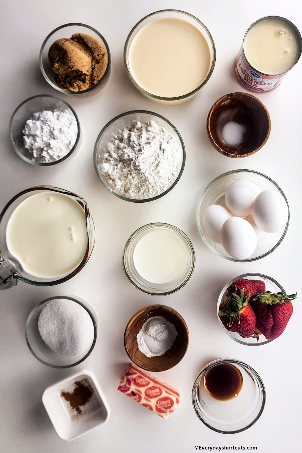 ingredients shown: Eggs, Granulated sugar, Brown sugar, Milk, Vanilla extract, Browned butter, Salt, Cake flour, Baking powder