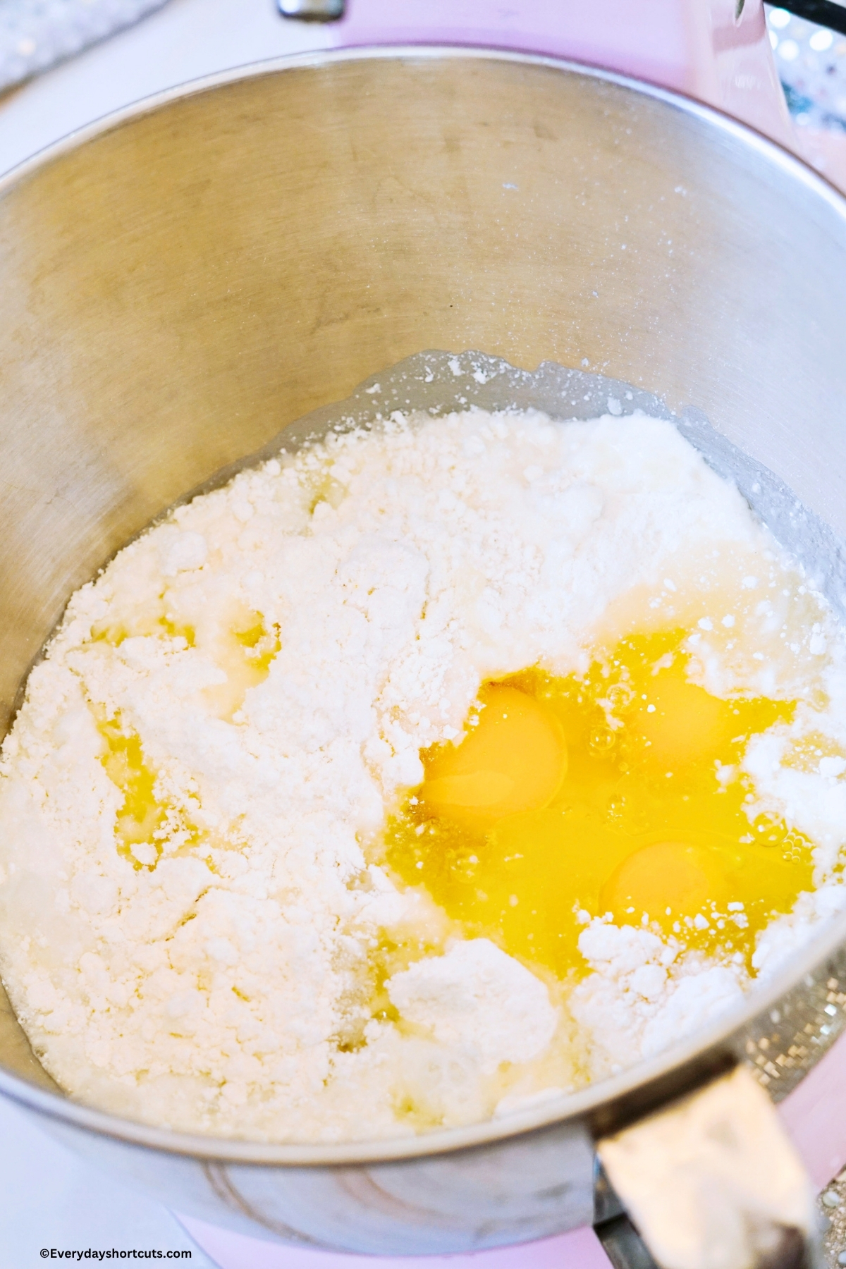 cake mix plus eggs, water and oil in a stand mixer