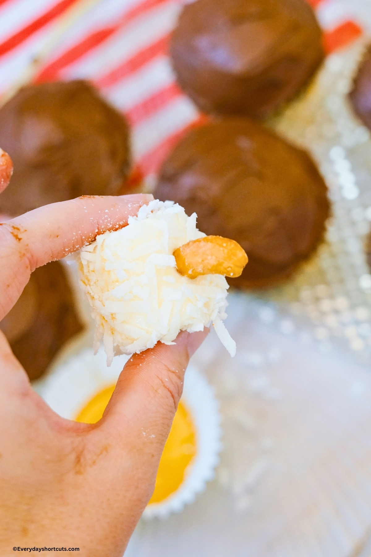 coconut covered marshmallow with a cashew beak