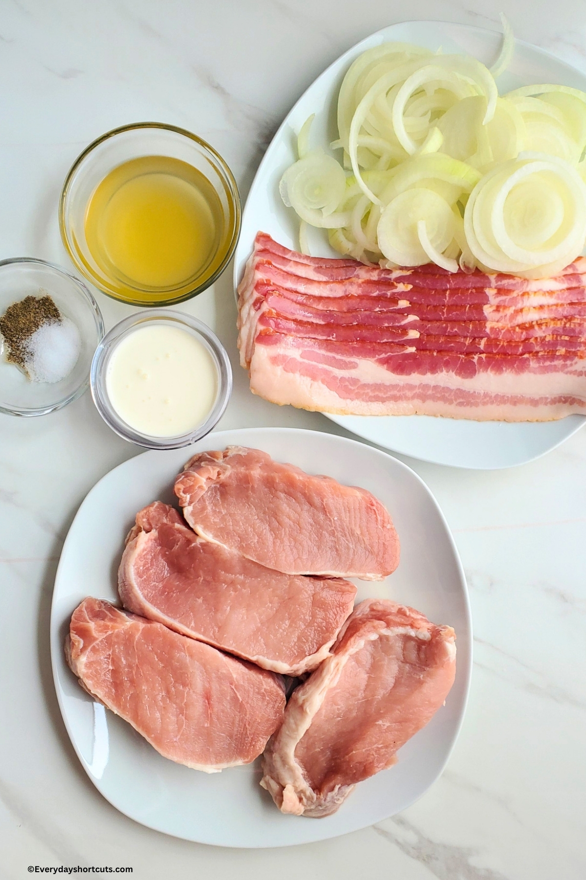 ingredients shown: pork chops, bacon, onions, heavy cream, salt pepper, chicken broth