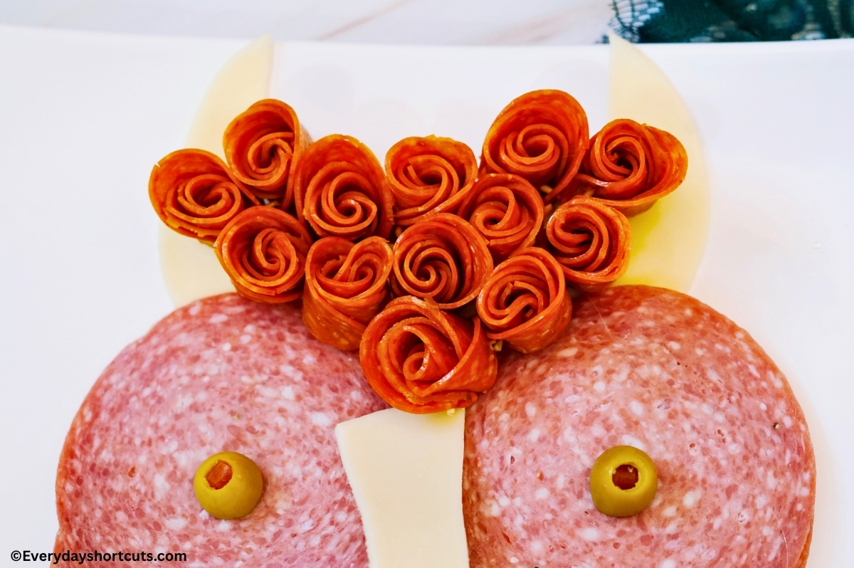 pepperoni rolled to look like highland cow shaggy hair
