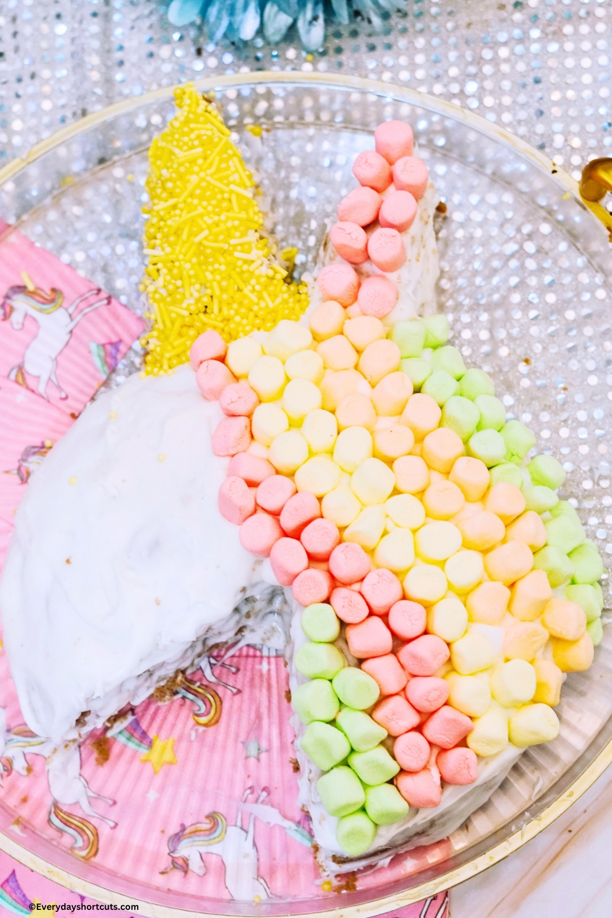 marshmallows on the cake to look like a unicorn mane