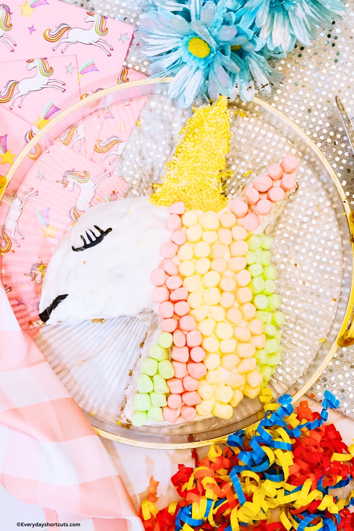 decorated unicorn cake on clear tray