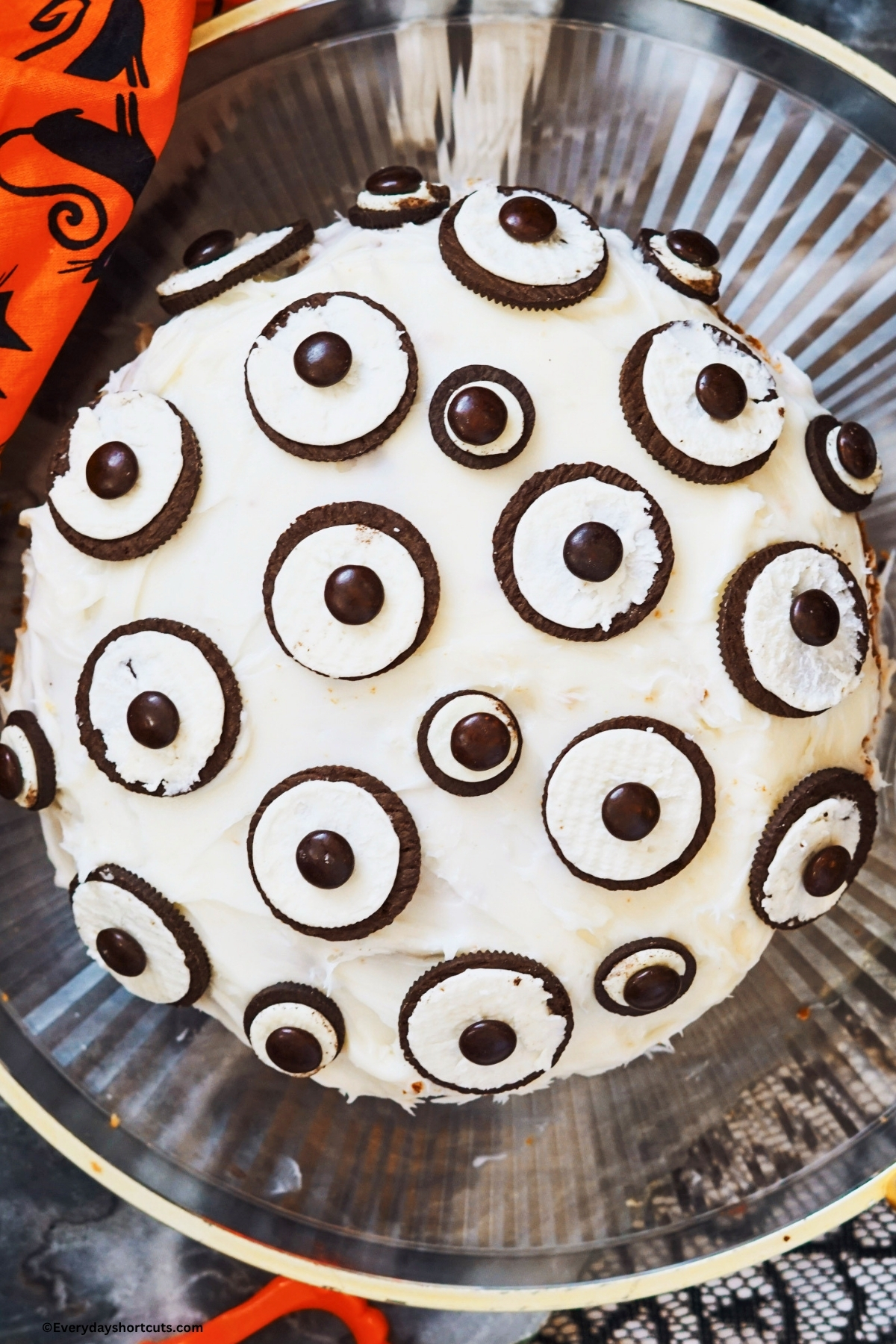 Halloween eye cake on a clear platter