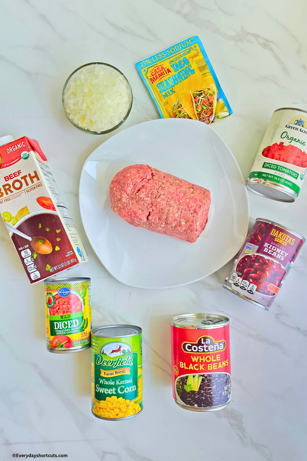 ingredients shown: ground beef, diced onion, beef broth, diced tomatoes with green chilies, kidney beans, diced tomatoes, corn, black beans