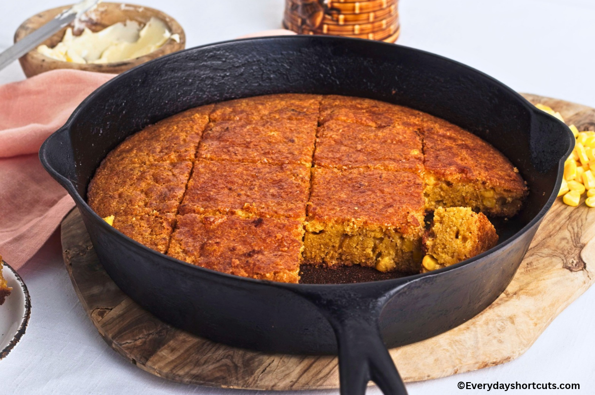 cornbread cut into squares in a cast iron skillet next to a bowl of butter