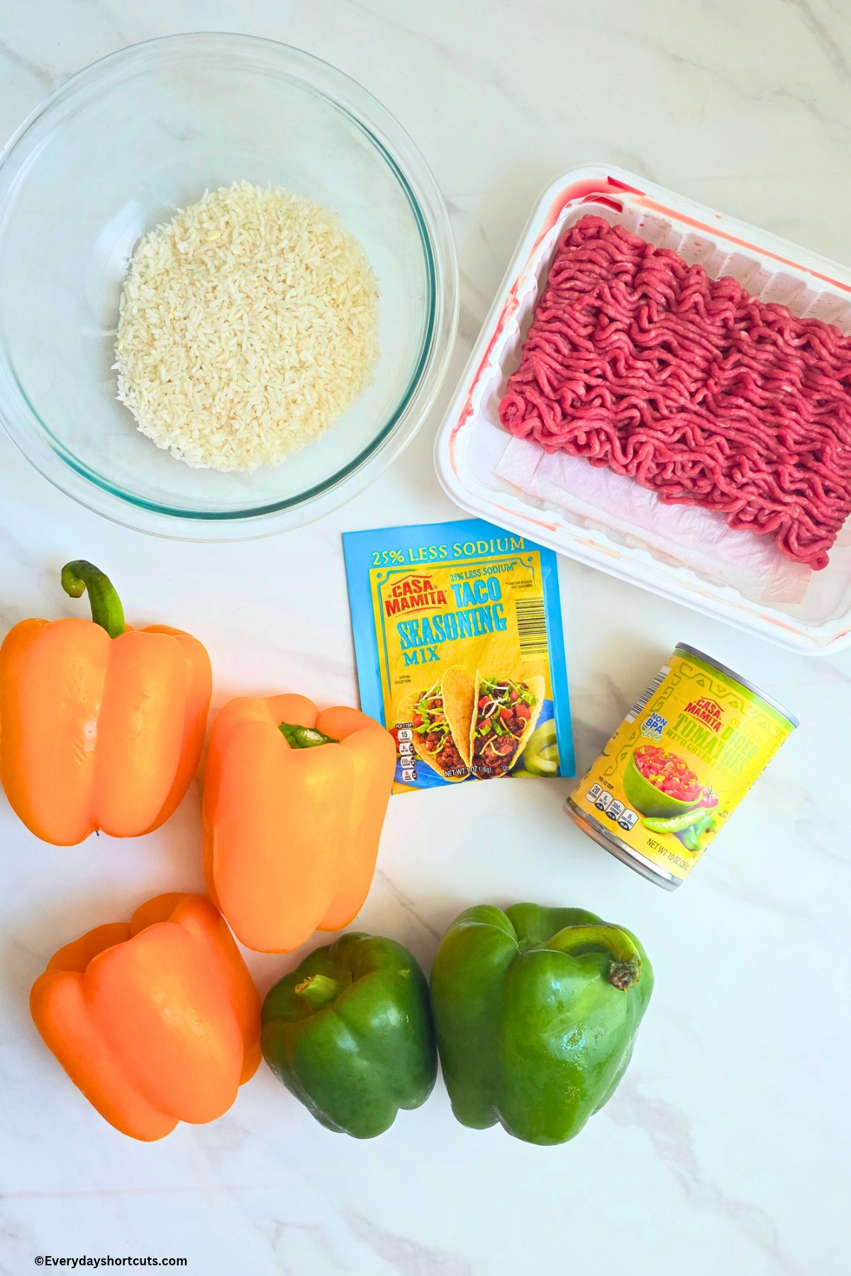 ingredients shown: rice, ground beef, taco seasoning, orange and green bell peppers, diced tomatoes with green chilies